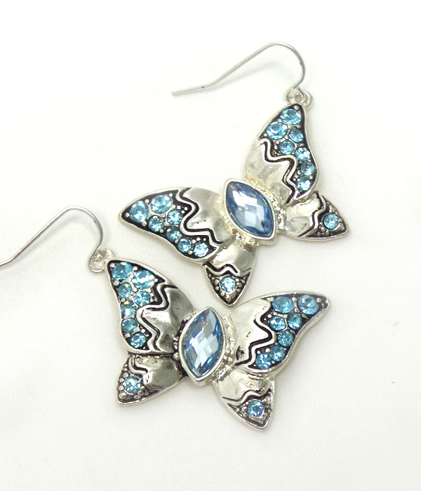 TEXTURED METAL WITH CRYSTAL ON BUTTERFLY EARRINGS