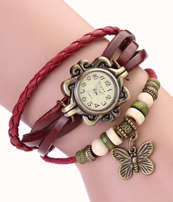 BUTTERFLY LEATHER LAYER BRAIDED  WRAP AROUND WATCH