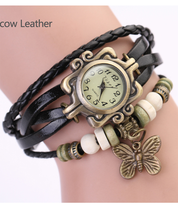BUTTERFLY LEATHER LAYER BRAIDED WRAP AROUND  WATCH
