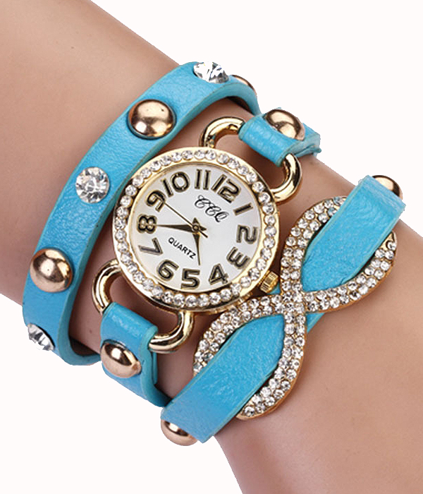 3 LAYER INFINITY AND METAL AND CRYSTAL STUD WRAP AROUND WATCH