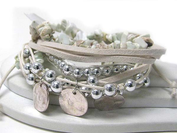 MULTI HAMMERED DISK AND BALL CHARM SUEDE AND CHIP STONE MIX FRIENDSHIP BRACELET - FREE WRAP STYLE