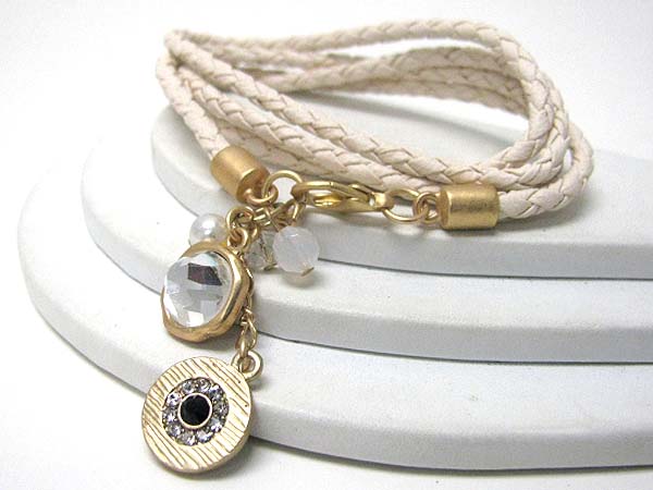 CRYSTAL CENTER METAL DISK DANGLE AND SYNTHTIC LEATHER COILED BRACELET - FREE WRAP STYLE