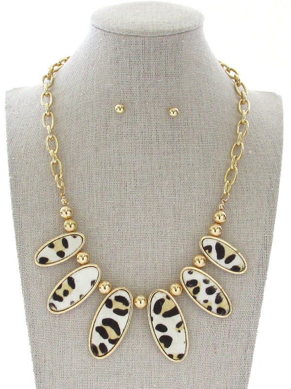 ANIMAL PRINT OVAL LEATHER CHARM LINK CHAIN NECKLACE SET - LEOPARD