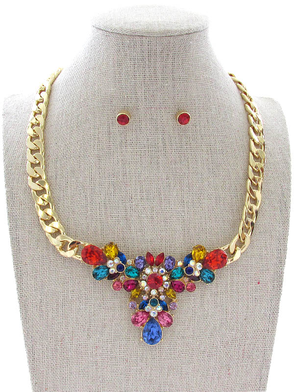 CRYSTAL FLOWER AND CHUNKY CUBAN CHAIN NECKLACE SET