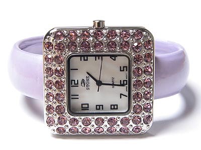 CRYSTAL SURROUNDED SQUARE FACE AND METAL BAND CUFF BANGLE WOMEN WATCH - JAPANESE MOVT