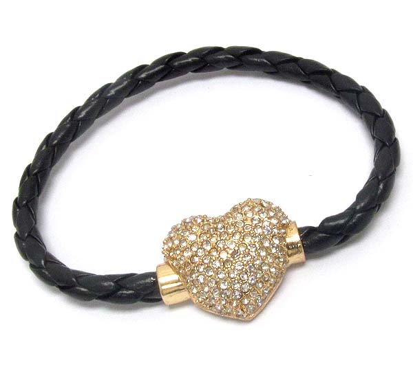 CRYSTAL PAVED PUFFY HEART AND LEATHERETTE BAND MAGNETIC BRACELET