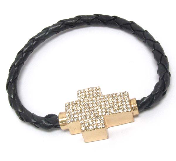CRYSTAL PAVED PUFFY CROSS AND LEATHERETTE BAND MAGNETIC BRACELET