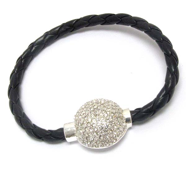 CRYSTAL PAVED METAL DOME AND LEATHERETTE BAND MAGNETIC BRACELET