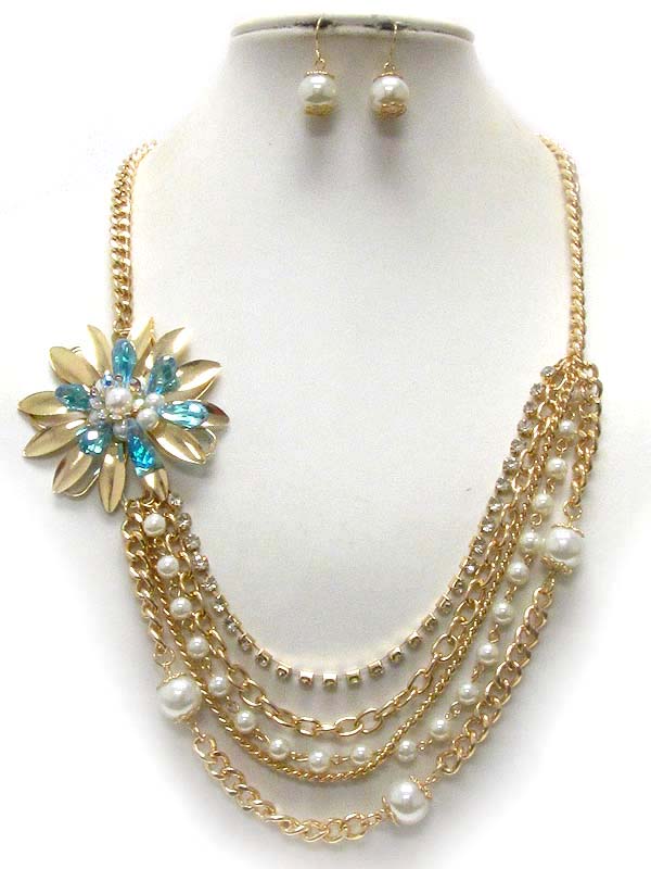 CRYSTAL AND PEARL DECO FLOWER AND MULTI CHAIN DROP CORSAGE NECKLACE EARRING SET