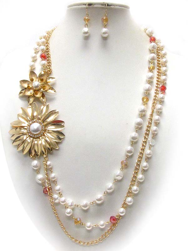 PEARL CENTER FLOWER AND MULTI PEARL CHAIN CORSAGE NECKLACE EARRING SET