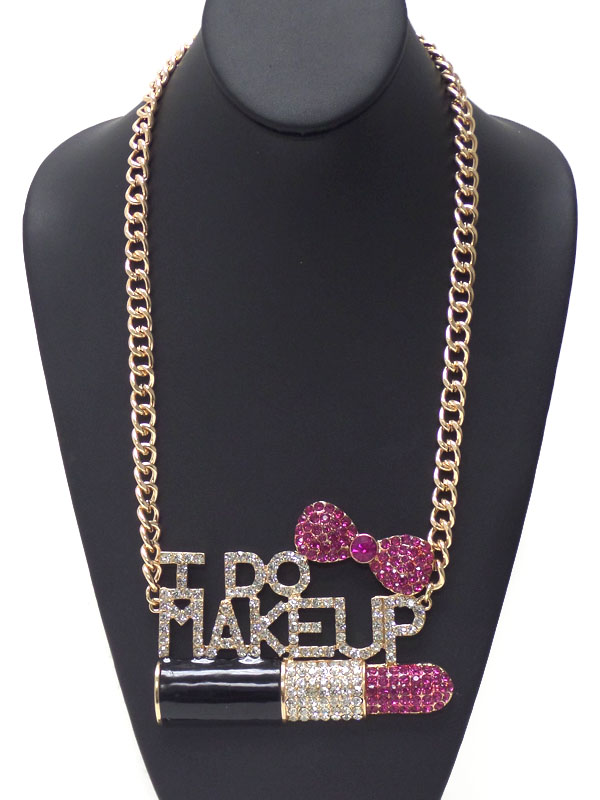 THICK CHAIN WITH I DO MAKEUP W/LIPSTICK & BOW PENDANT NECKACE
