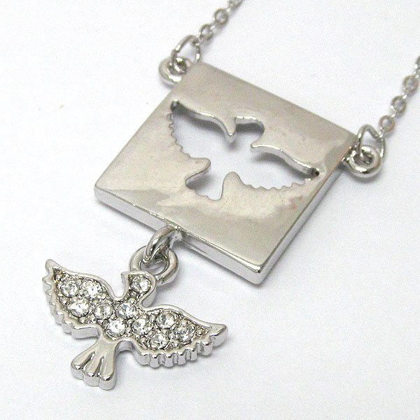 WHITEGOLD PLATING CRYSTAL STUD CUF OUT BIRD PENDANT NECKLACE