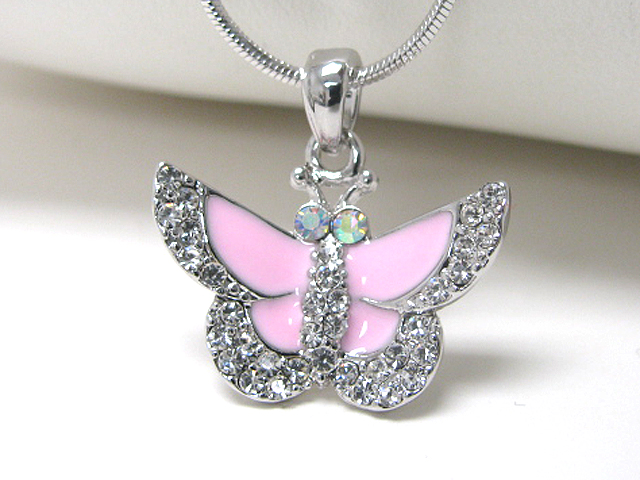 MADE IN KOREA WHITEGOLD PLATING EPOXY AND CRYSTAL STUD BUTTERFLY PENDANT NECKLACE