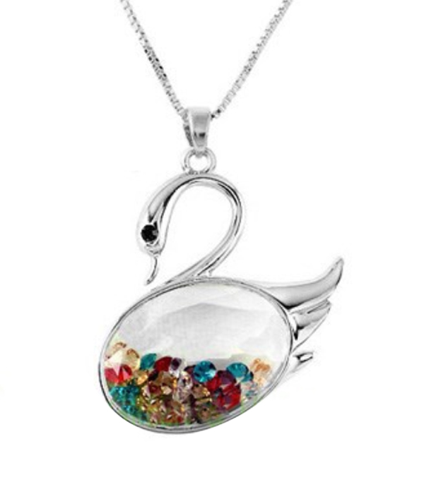 PERFUME BOTTLE GLASS AND FLOATING CRYSTAL PENDANT NECKLACE - SWAN