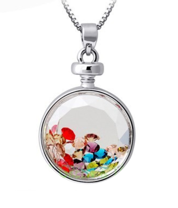 PERFUME BOTTLE GLASS AND FLOATING CRYSTAL PENDANT NECKLACE - ROUND