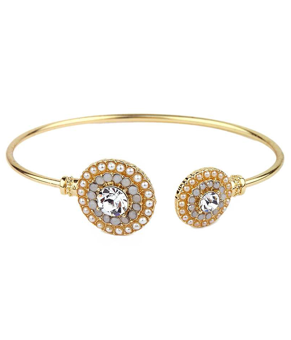 CRYSTAL AND PEARL DISK WIRE BANGLE BRACELET