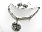 CRYSTAL AND METAL FILIGREE ROUND PENDANT NECKLACE AND EARRING SET - Wholesale Jewelry