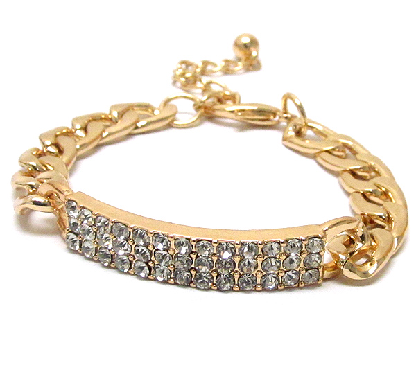 CRYSTAL PAVE CURVED METAL PLATE AND THICK CHAIN BRACELET