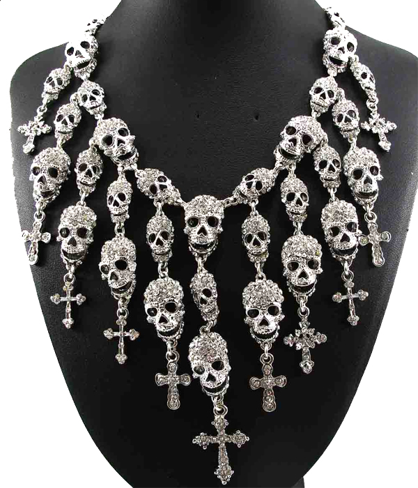 CHUNKY CRYSTAL SKULL AND CROSS CASCADE DROP STATEMENT NECKLACE