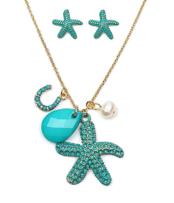 PATINA STARFISH AND HORSE SHOE CHARM NECKLACE SET