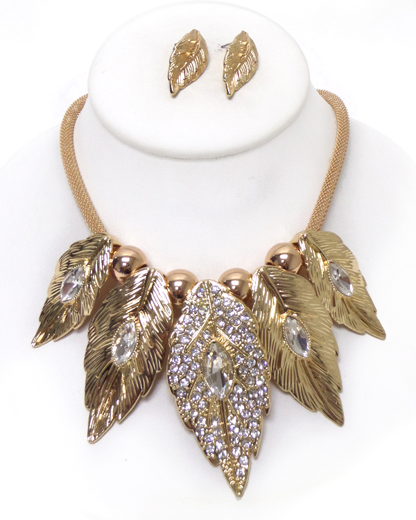 METAL TEXTURED LEAVES  TUBE CHAIN NECKLACE SET 