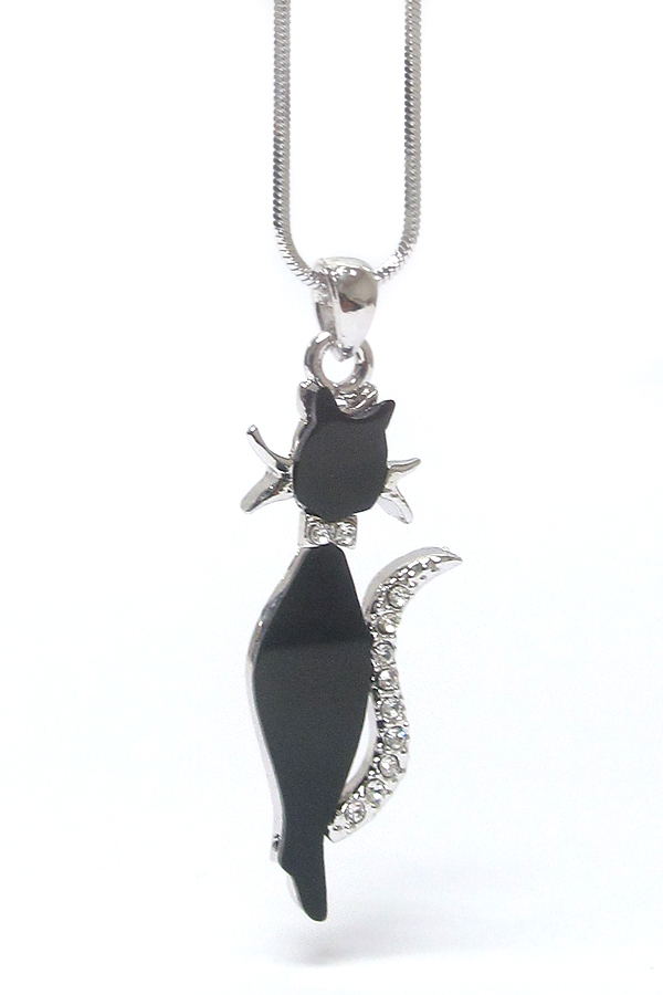 WHITEGOLD PLATING CRYSTAL AND ACRYL DECO CAT PENDANT NECKLACE