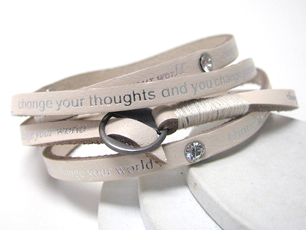 SYNTHTIC LEATHER COILED MESSAGE FRIENDSHIP BRACELET - CHANGE YOUR THOUGHTS AND YOU CHANGE YOUR WORLD - FREE WRAP STYLE