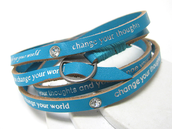SYNTHTIC LEATHER COILED MESSAGE FRIENDSHIP BRACELET - CHANGE YOUR THOUGHTS AND YOU CHANGE YOUR WORLD - FREE WRAP STYLE