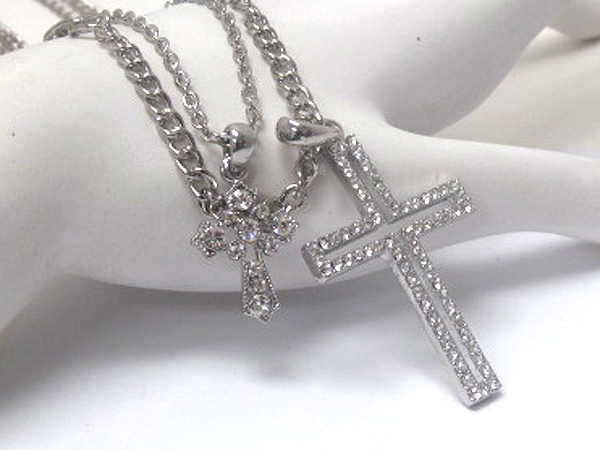 CRYSTAL CROSS AND ONE SMALL CROSS DOUBLE CHAIN NECKLACE