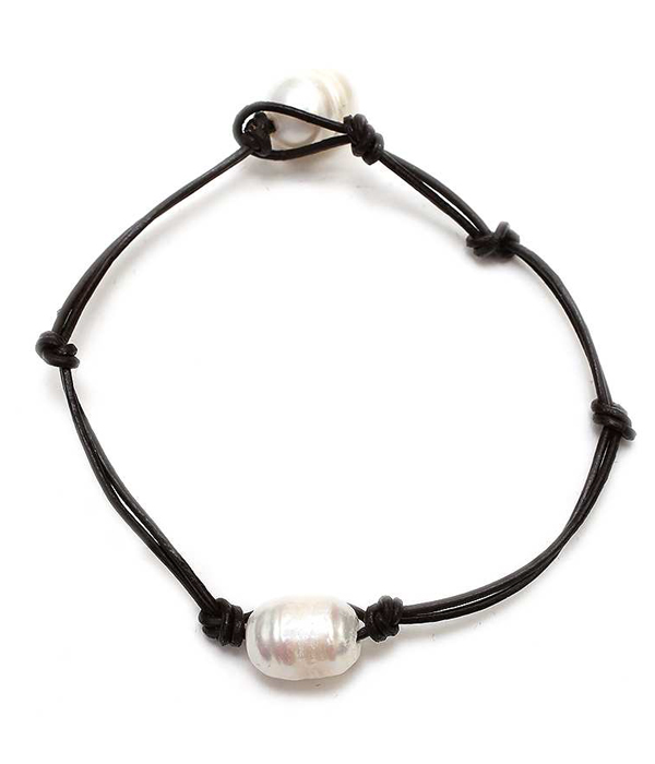 GENUINE FRESH WATER PEARL AND LEATHER CORD BRACELET