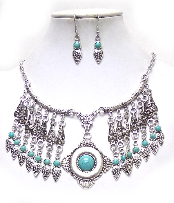 METAL FILIGREE AND TURQUOISE DROP BOHEMIAN NECKLACE SET
