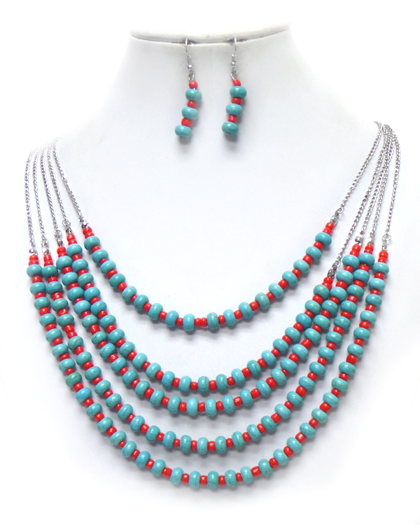5 LAYER TURQUOISE STONES METAL CHAINNECKLACE SET