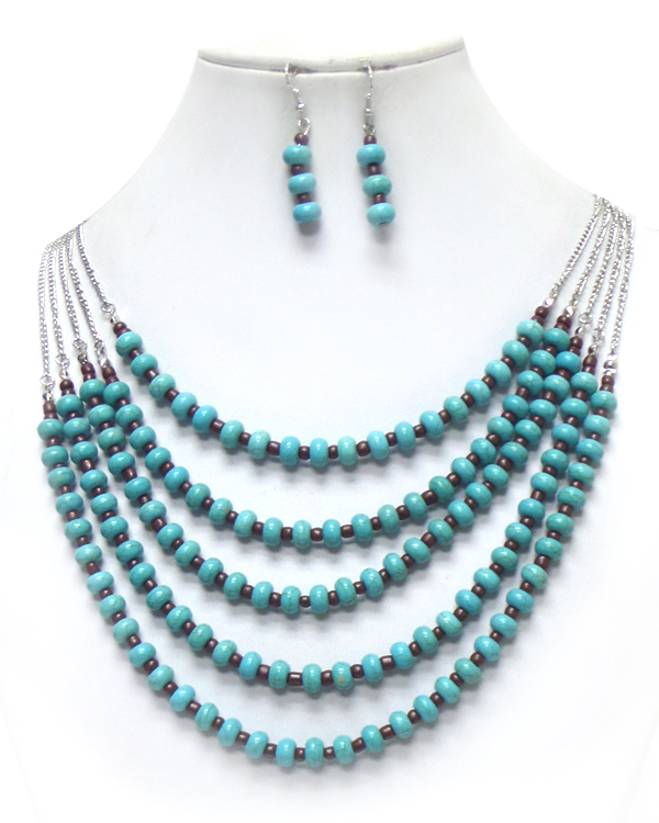 5 LAYER TURQUOISE STONES METAL CHAINNECKLACE SET 