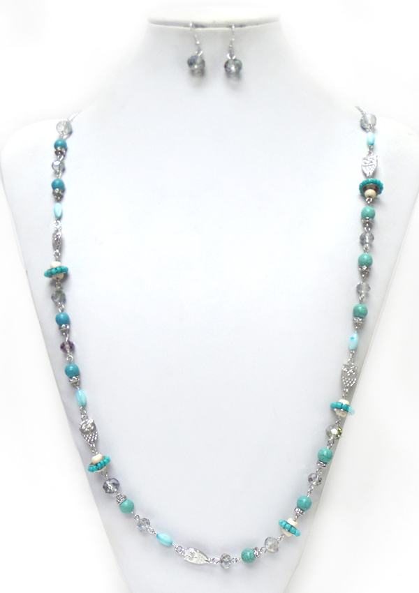 TURQUOISE STONE AND GLASS MULTISIZE NECKLACE SET 