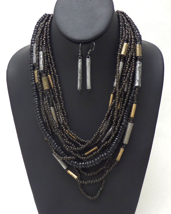 MULTI SEED BEADS AND WOOD CHIPS CHAIN MIX NECKLACE EARRING SET