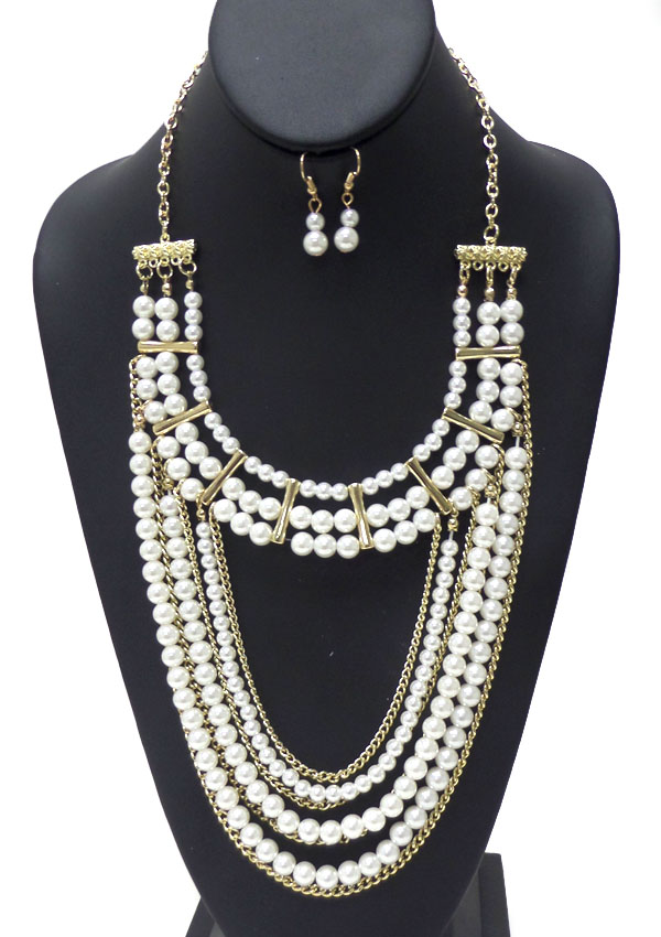 MULTI LAYERED PEARL AND FINE CHAIN MIX DROP NECKLACE EARRING SET