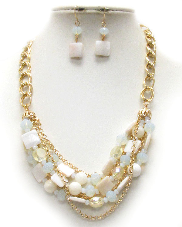 MULTI GLASS AND SHELL MIX CHAIN NECKLACE EARRING SET