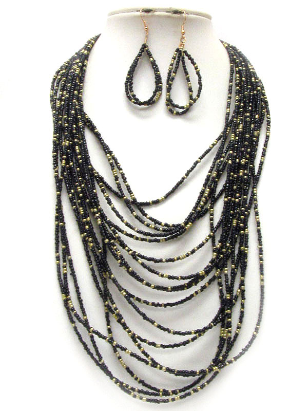 MULTI SEED BEAD LINK MULTI LAYERED NECKLACE EARRING SET