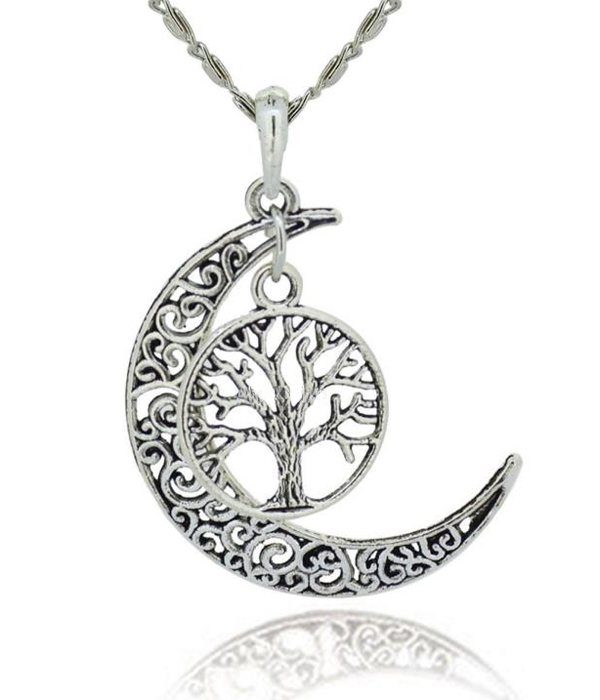 METAL FILIGREE MOON AND TREE OF LIFE PENDANT NECKLACE