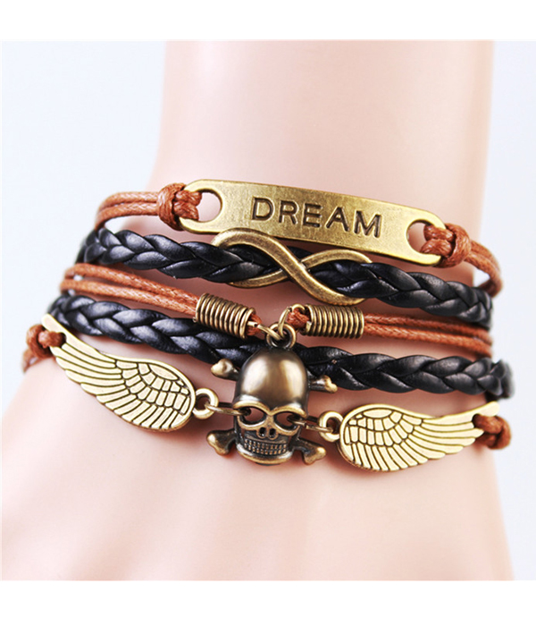 SKULL AND WING LEATHER WRAP BRACELET
