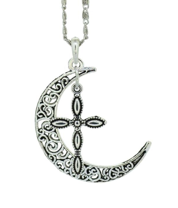 METAL FILIGREE CROSS AND MOON PENDANT NECKLACE