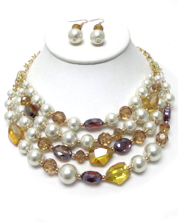 MULTI LAYERED PEARL AND GLASS BEADS MIX NECKLACE EARRING SET