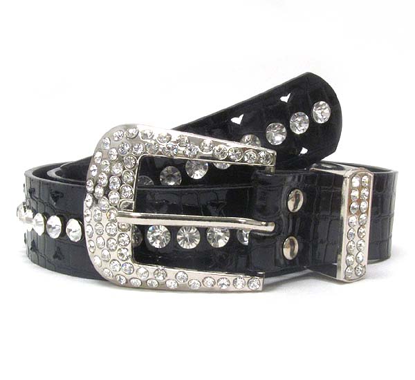 CRYSTAL METAL BUCKLE WITH SINGLE LINE CRYSTAL LEATHER BELT