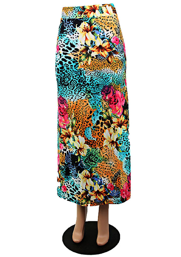 ANIMAL AND FLORAL PRINT ELASTIC MAXI SKIRT - 92% POLYESTER 8% SPANDEX