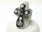 MEDIEVAL DESIGN CRYSTAL AND PATINA METAL ROUND EDGE CROSS STRETCH RING
