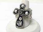 MEDIEVAL DESIGN CRYSTAL AND PATINA METAL ROUND EDGE CROSS STRETCH RING