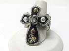MEDIEVAL DESIGN CRYSTAL AND PATINA METAL ROUND EDGE CROSS STRETCH RING