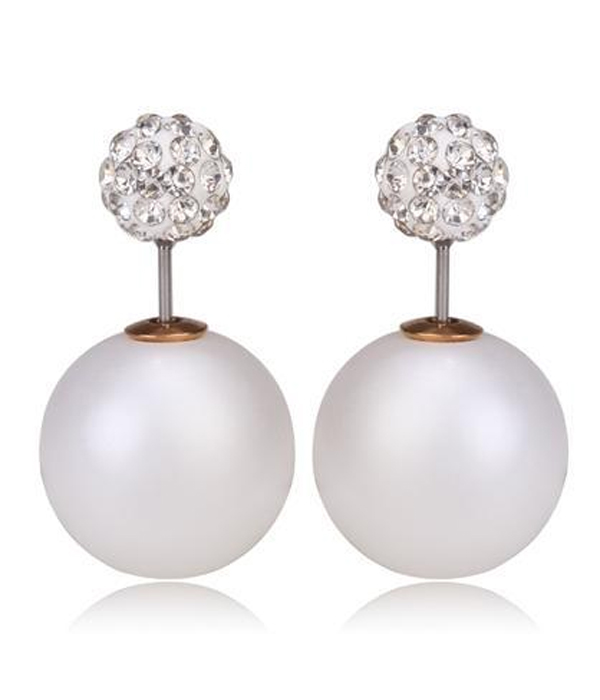 CRYSTAL CLAY BALL AND PEARL DOUBLE SIDED FRONT AND BACK EARRING