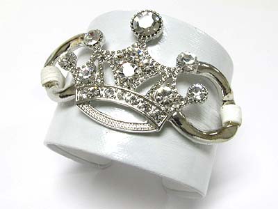 CRYSTAL CROWN FAUX LEATHER WRAP METAL CUFF BANGLE