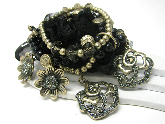 CRYSTAL FLOWER CHARM MULTI ROW BEADS AND CHIFFON MIXED STRETCH BRACELET